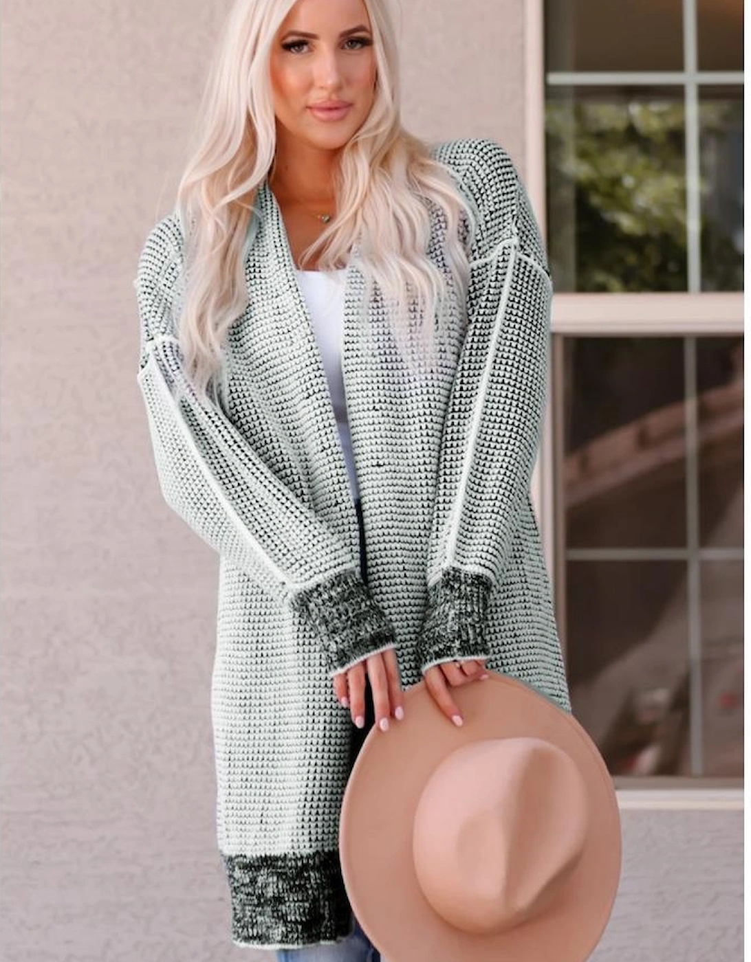 Gray Plaid Knitted Long Open Front Cardigan