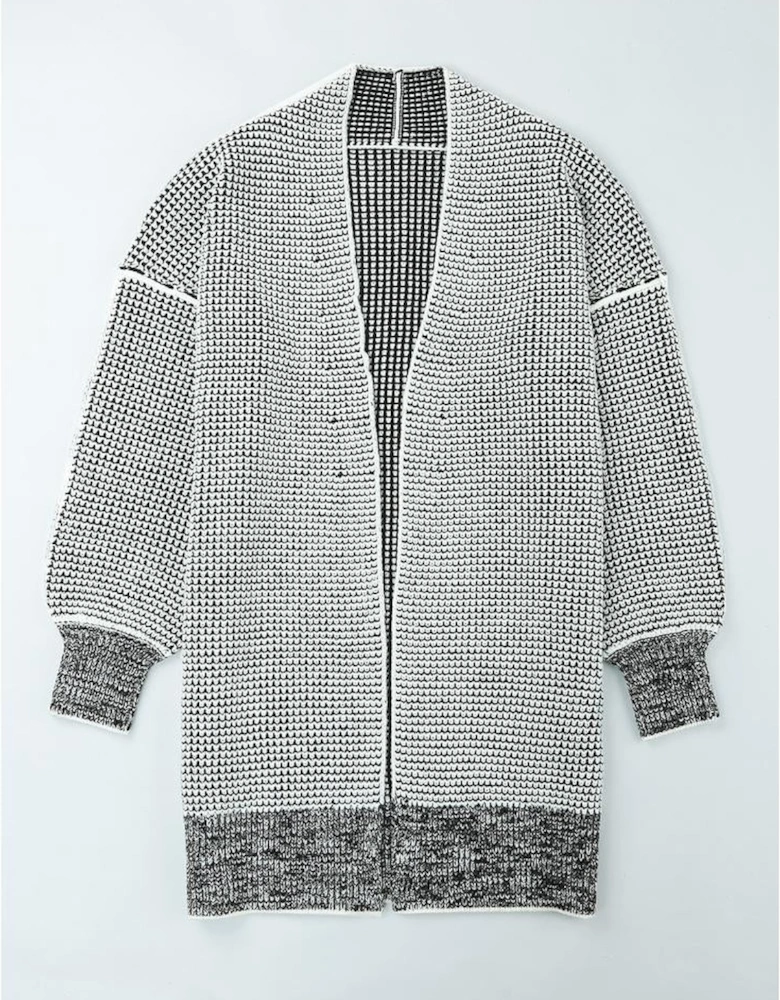 Gray Plaid Knitted Long Open Front Cardigan