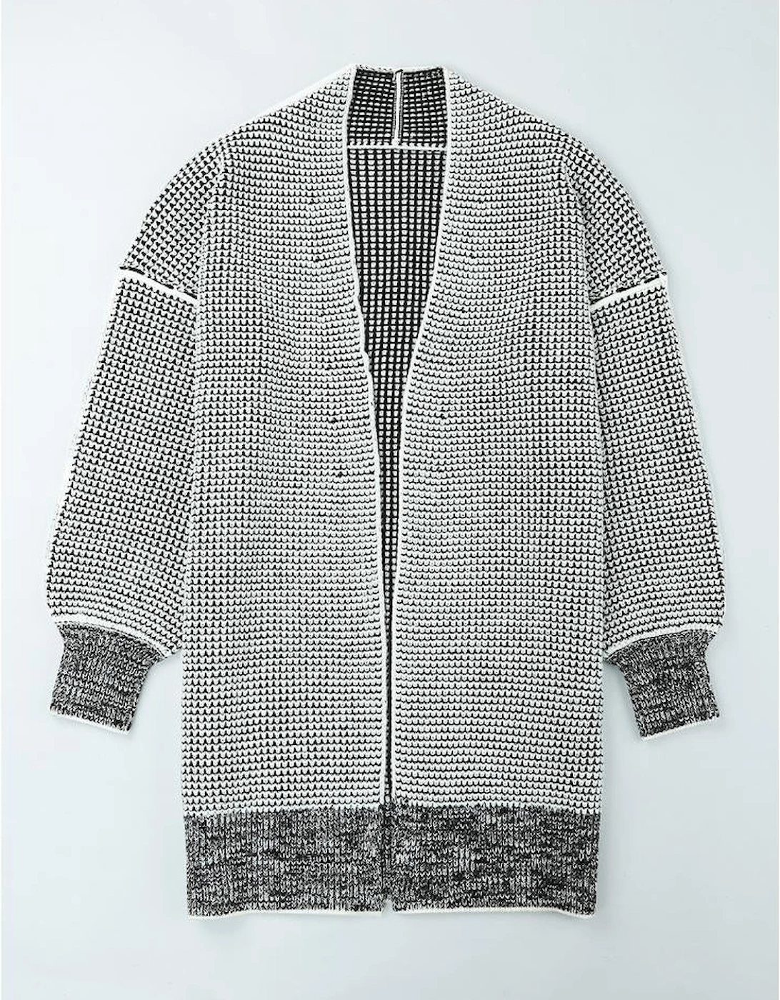 Gray Plaid Knitted Long Open Front Cardigan