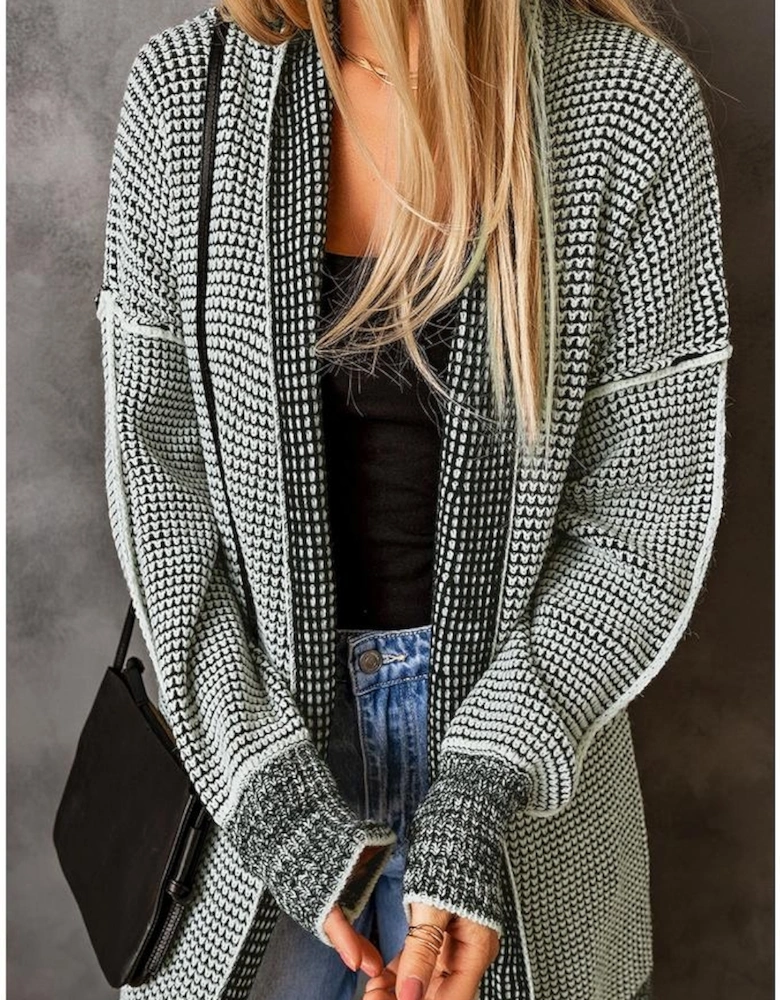 Gray Plaid Knitted Long Open Front Cardigan