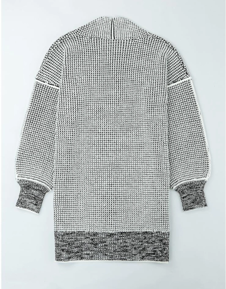 Gray Plaid Knitted Long Open Front Cardigan