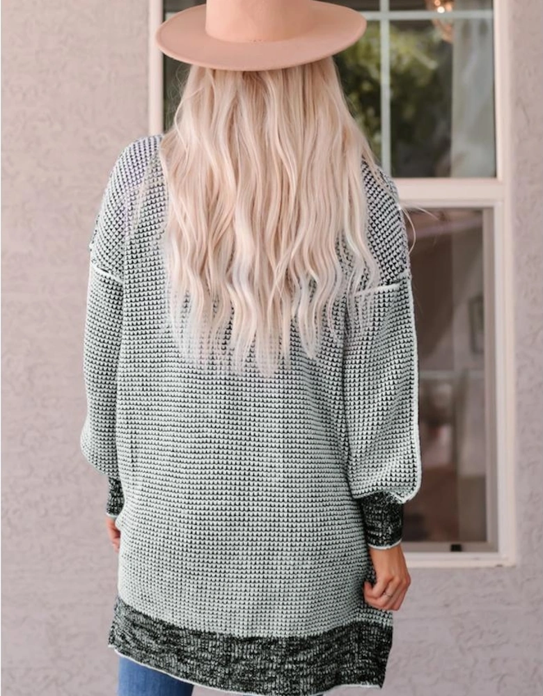 Gray Plaid Knitted Long Open Front Cardigan