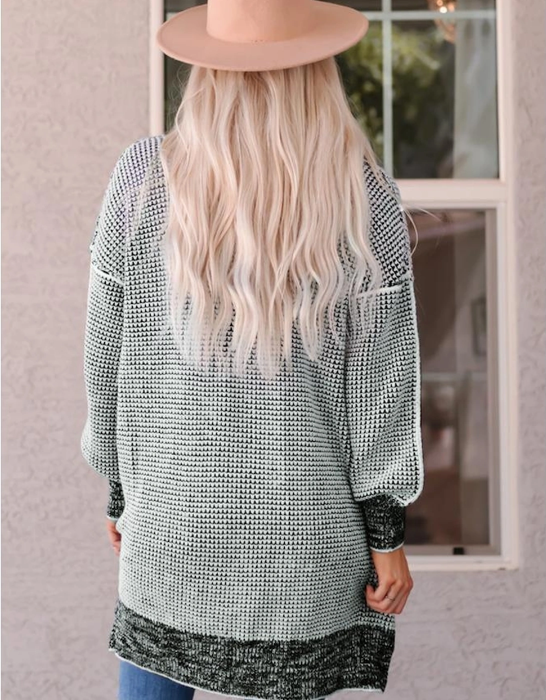 Gray Plaid Knitted Long Open Front Cardigan