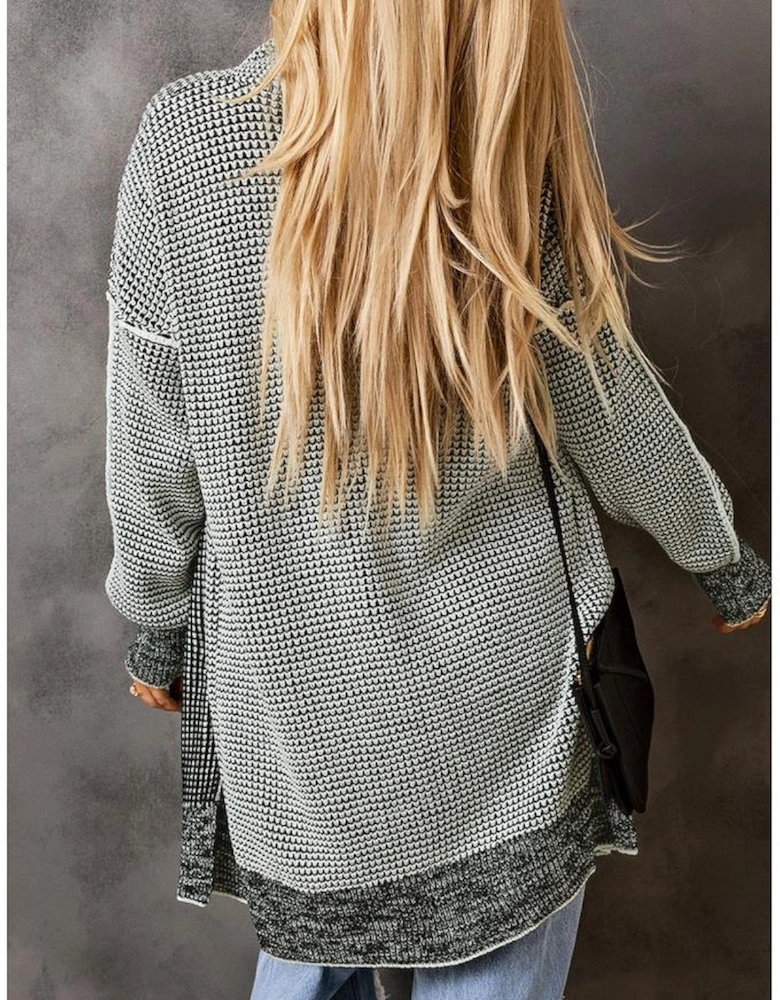 Gray Plaid Knitted Long Open Front Cardigan