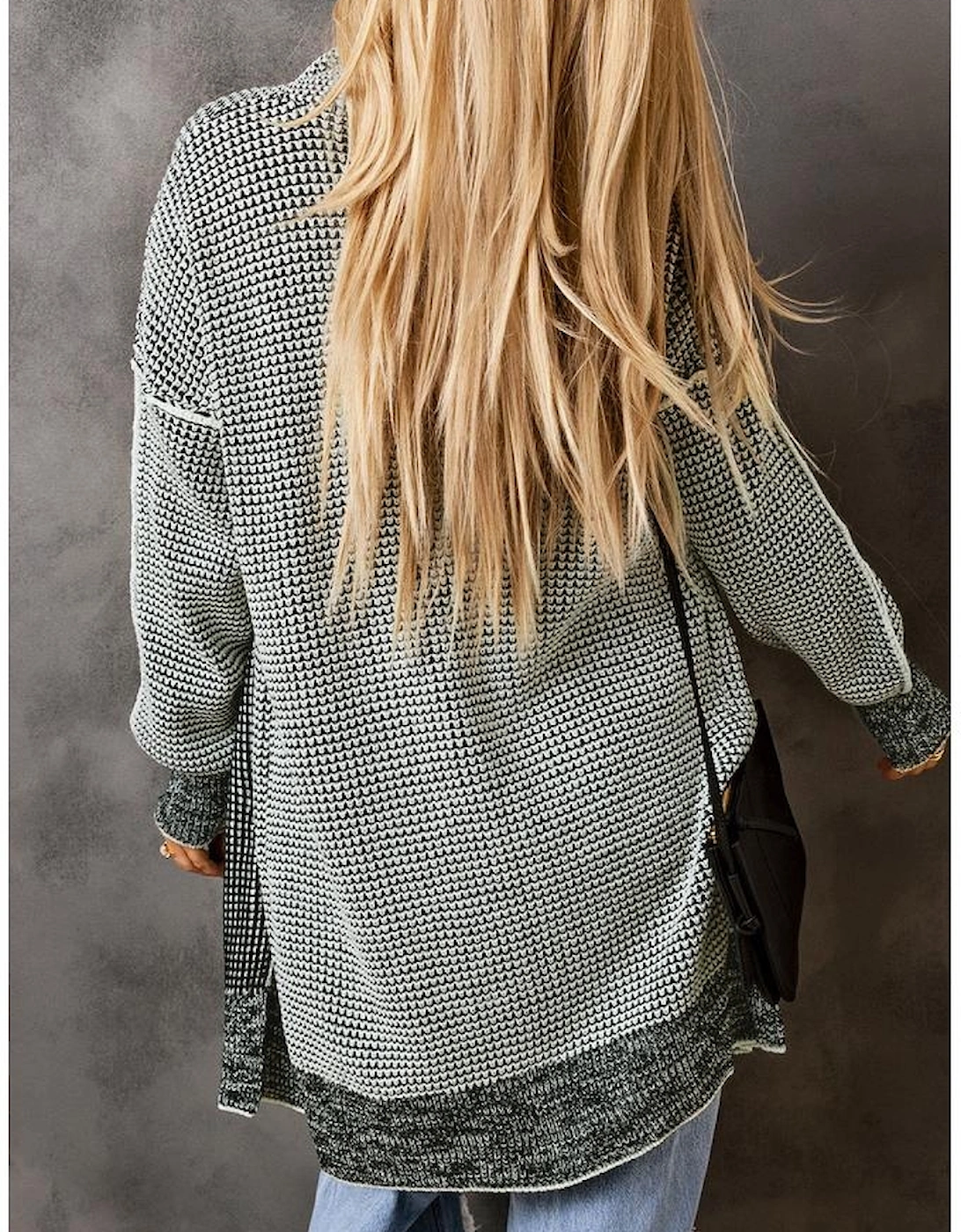 Gray Plaid Knitted Long Open Front Cardigan