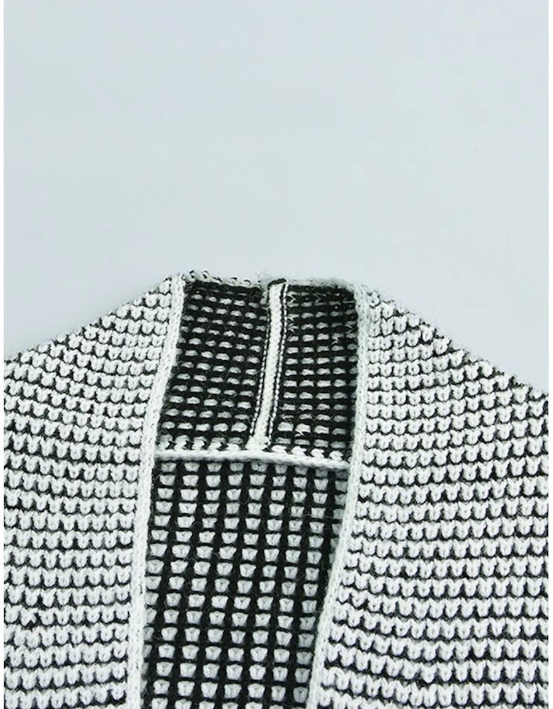 Gray Plaid Knitted Long Open Front Cardigan