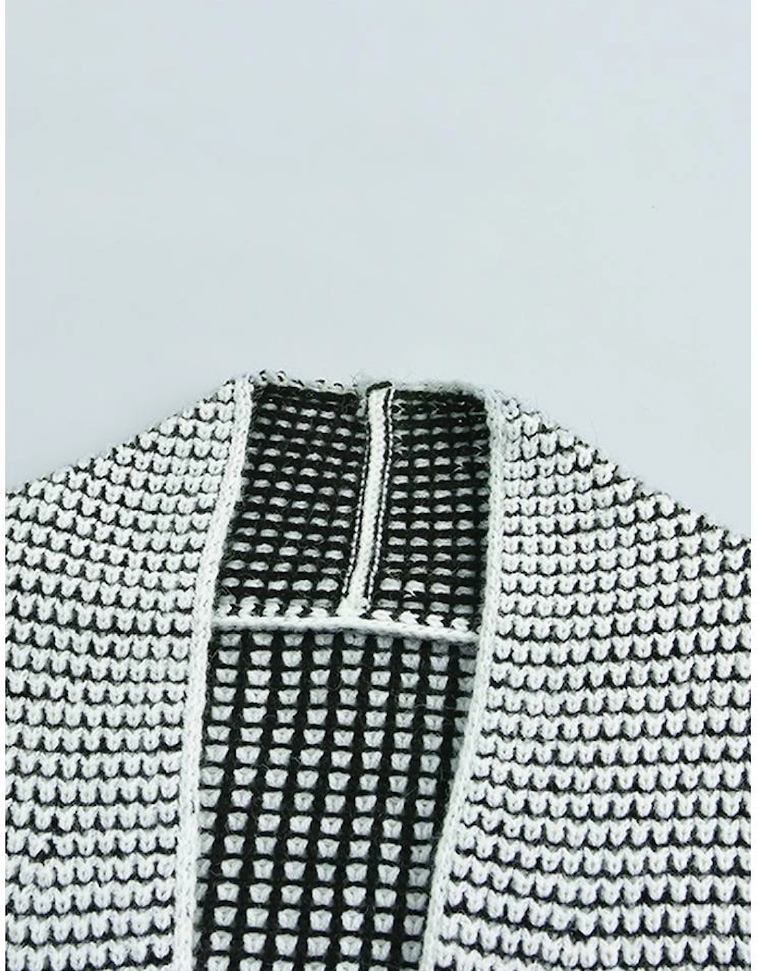 Gray Plaid Knitted Long Open Front Cardigan