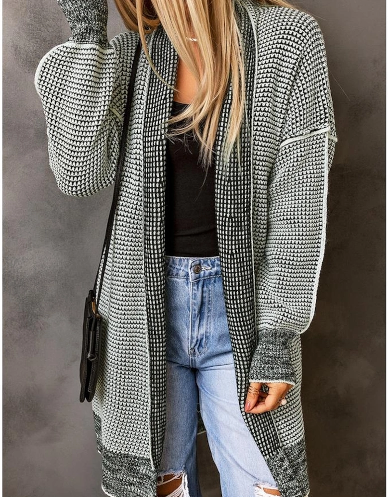 Gray Plaid Knitted Long Open Front Cardigan