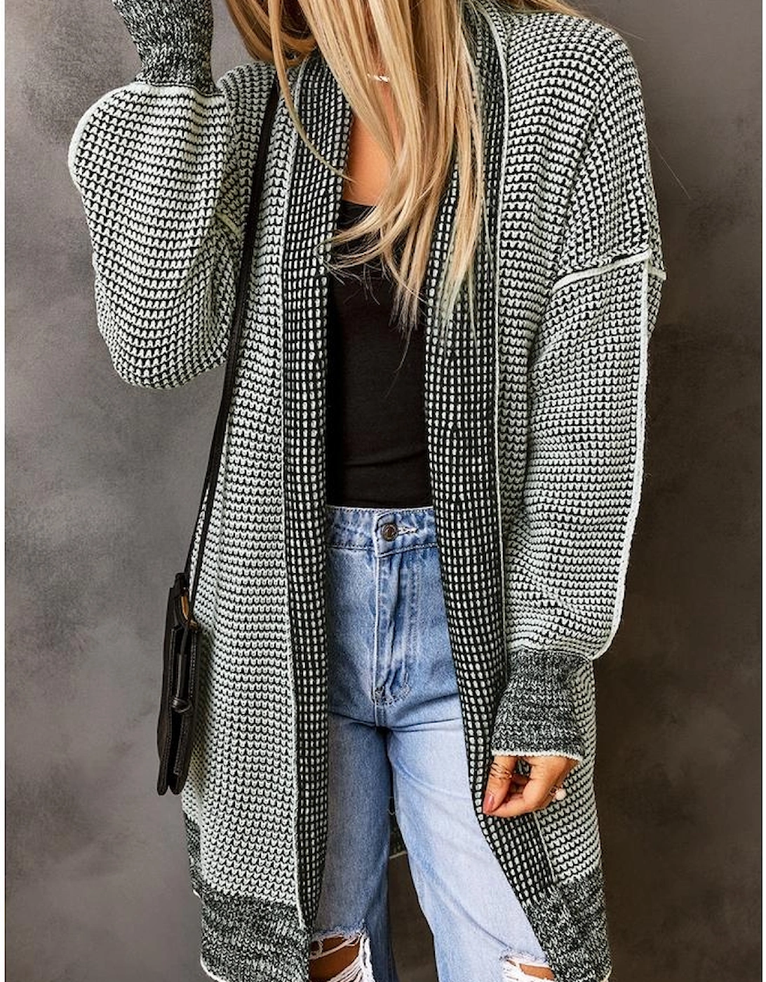 Gray Plaid Knitted Long Open Front Cardigan