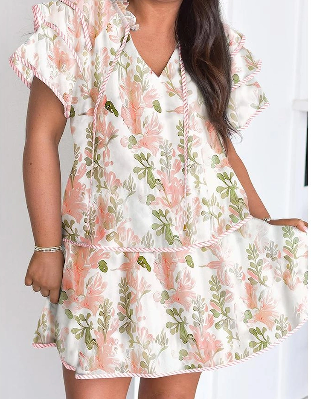 Pink Plus Size Floral Print Striped Detail Short Summer Dress