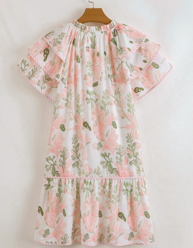 Pink Plus Size Floral Print Striped Detail Short Summer Dress