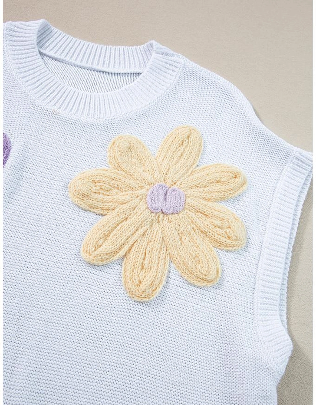 White Multi Crochet Flower Knit Short Sleeve Sweater Tops