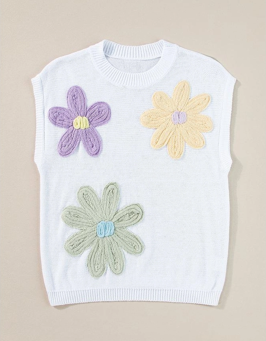 White Multi Crochet Flower Knit Short Sleeve Sweater Tops
