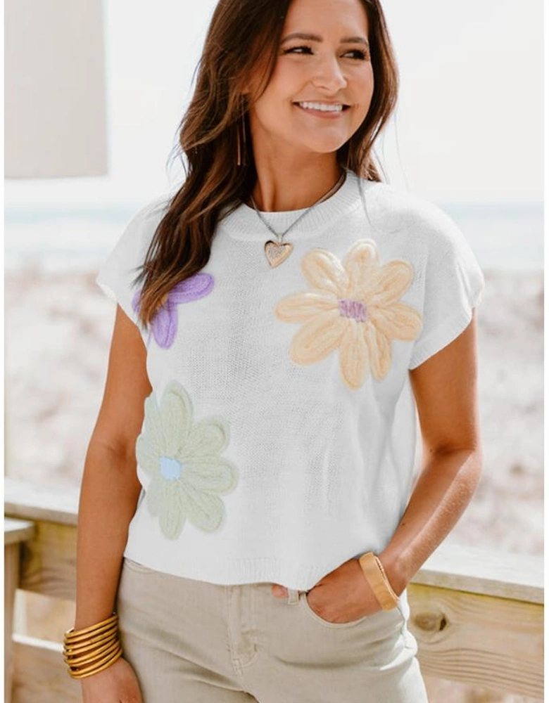 White Multi Crochet Flower Knit Short Sleeve Sweater Tops