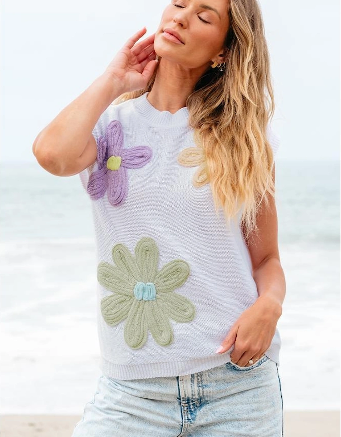 White Multi Crochet Flower Knit Short Sleeve Sweater Tops, 11 of 10