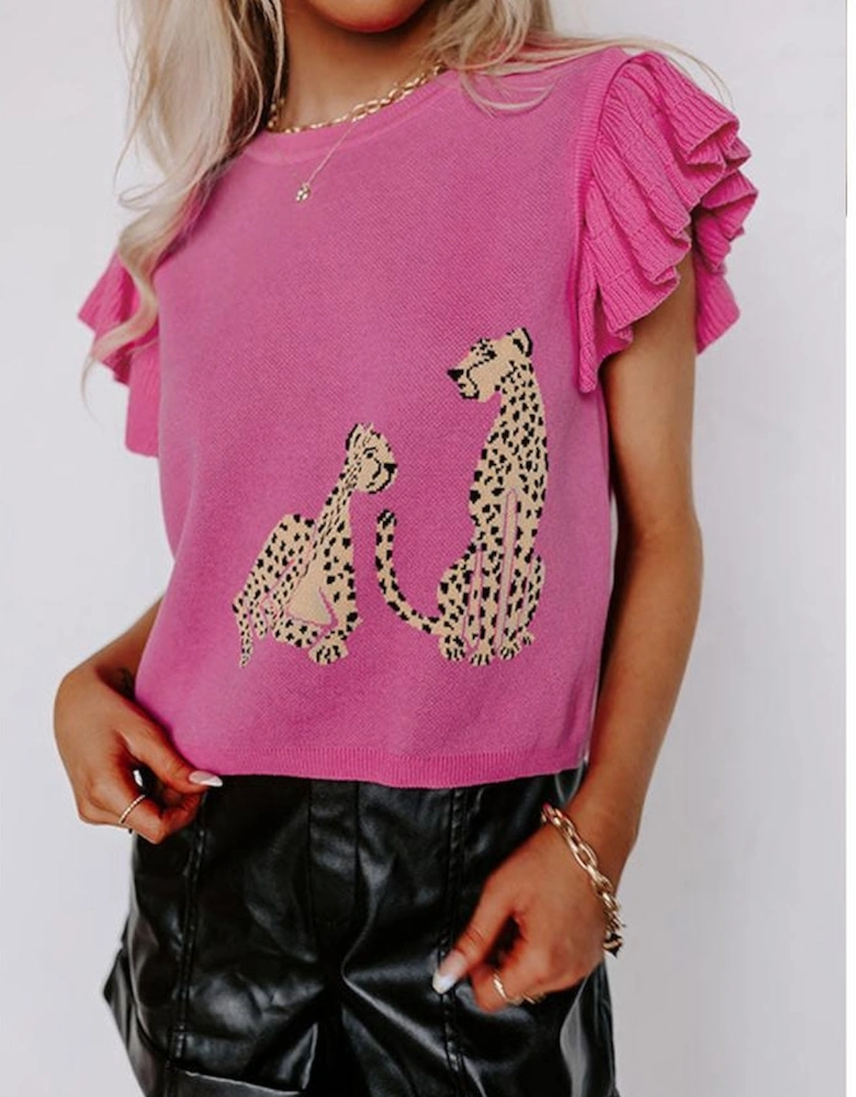 Pink Leopard Ruffled Sleeve Round Neck Knit Sweater