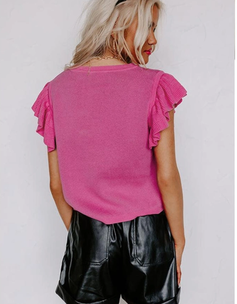 Pink Leopard Ruffled Sleeve Round Neck Knit Sweater