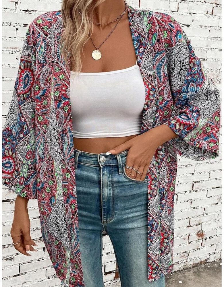 Red Paisley Print Open Front Kimono