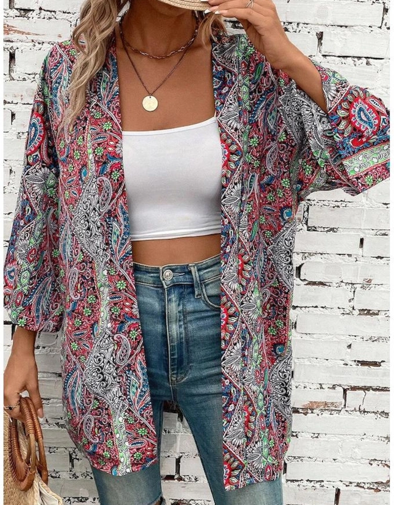 Red Paisley Print Open Front Kimono