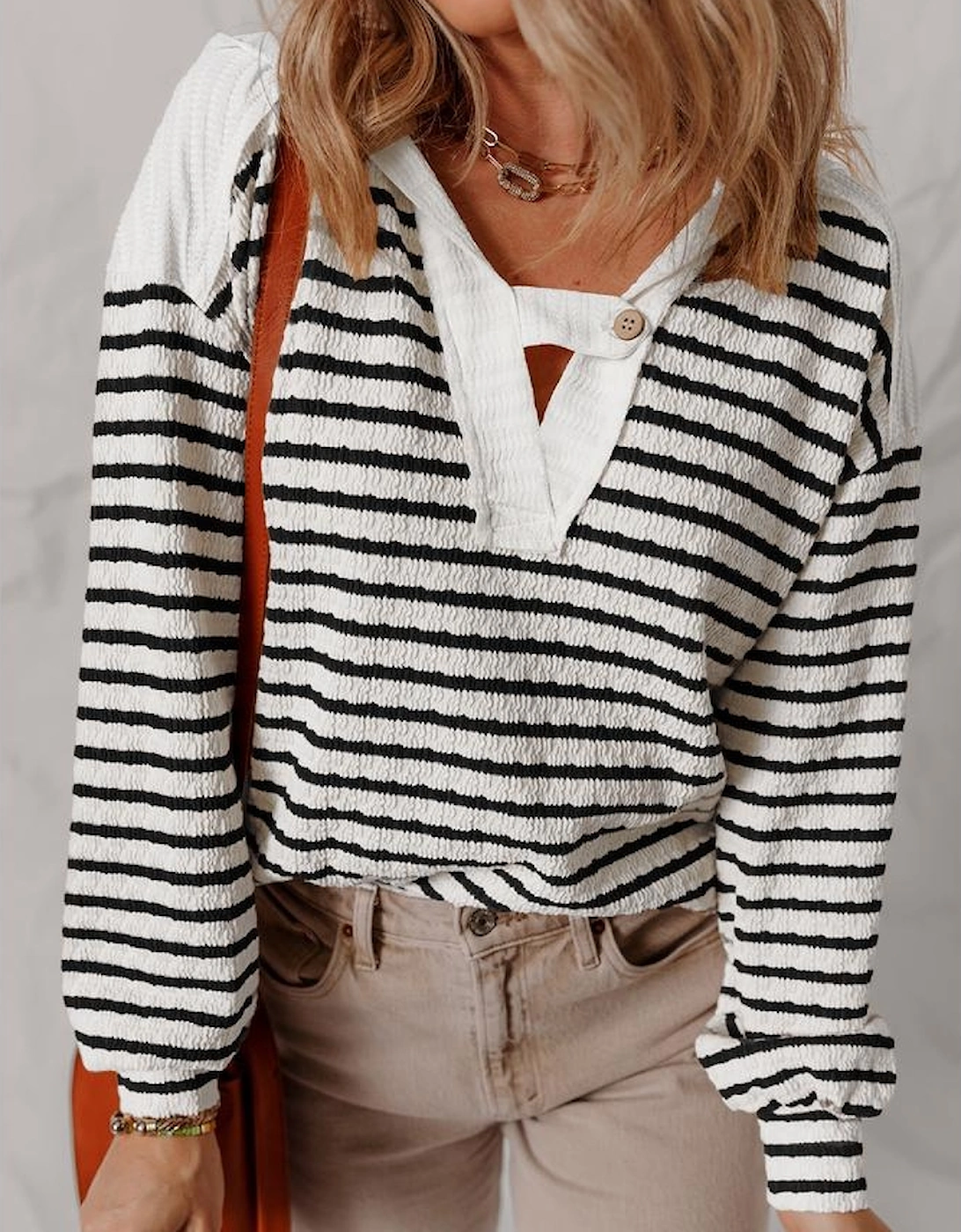 Black Stripe Textured Hooded V Neck Casual Long Sleeve Top