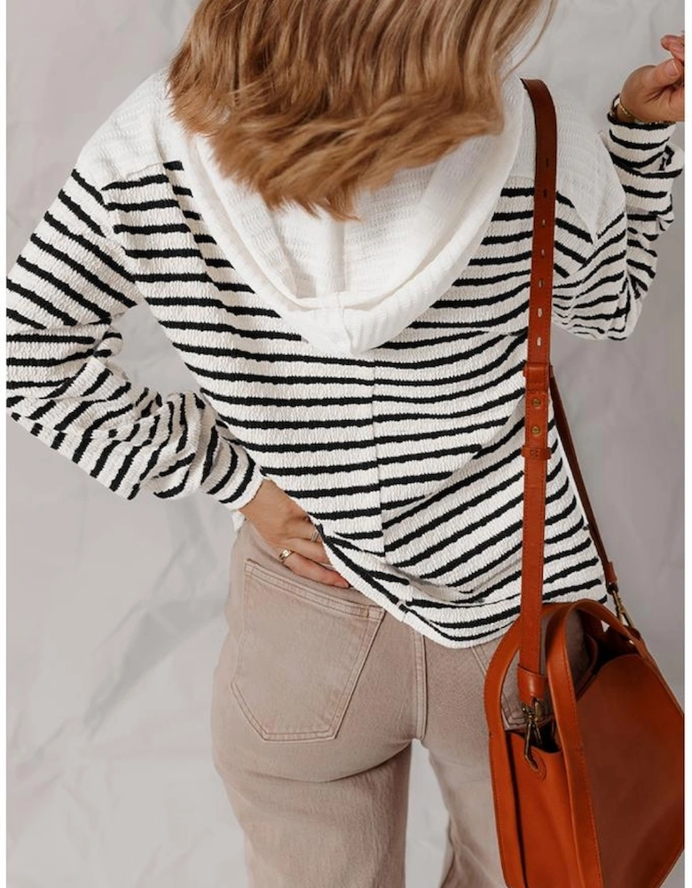 Black Stripe Textured Hooded V Neck Casual Long Sleeve Top