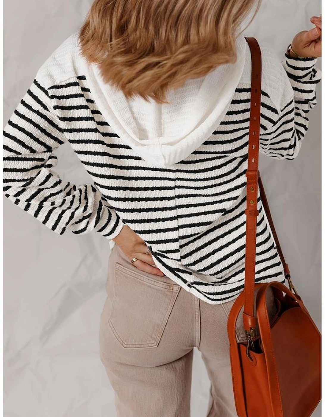 Black Stripe Textured Hooded V Neck Casual Long Sleeve Top, 3 of 2