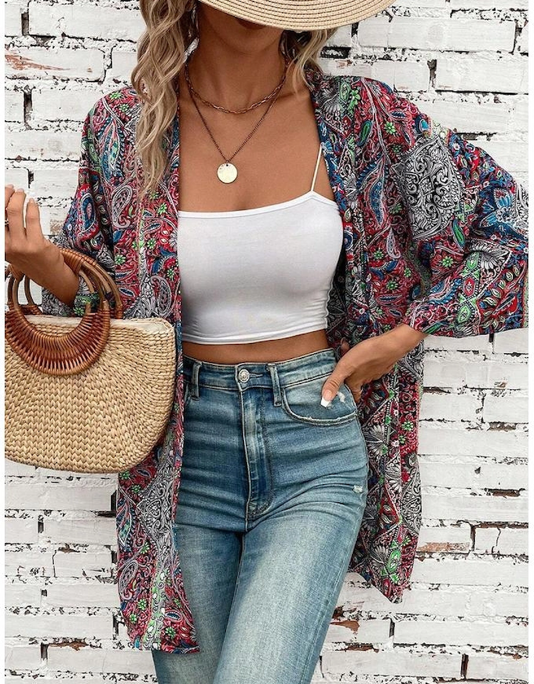 Red Paisley Print Open Front Kimono