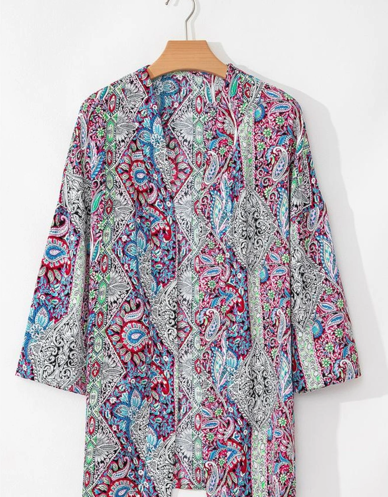 Red Paisley Print Open Front Kimono