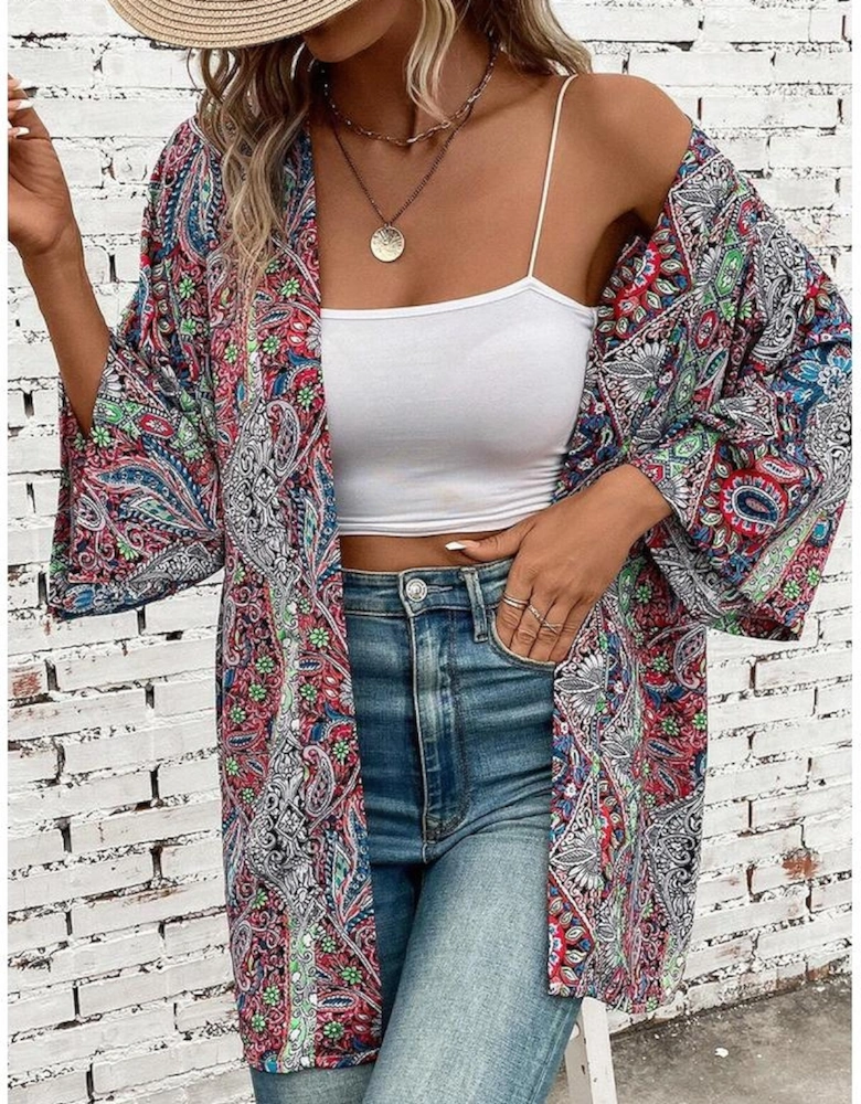 Red Paisley Print Open Front Kimono