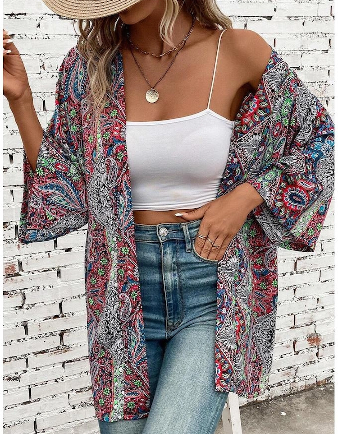 Red Paisley Print Open Front Kimono
