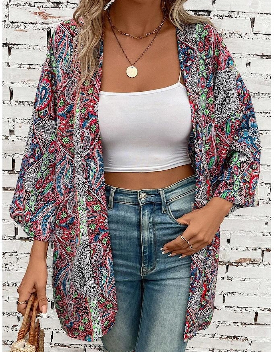 Red Paisley Print Open Front Kimono