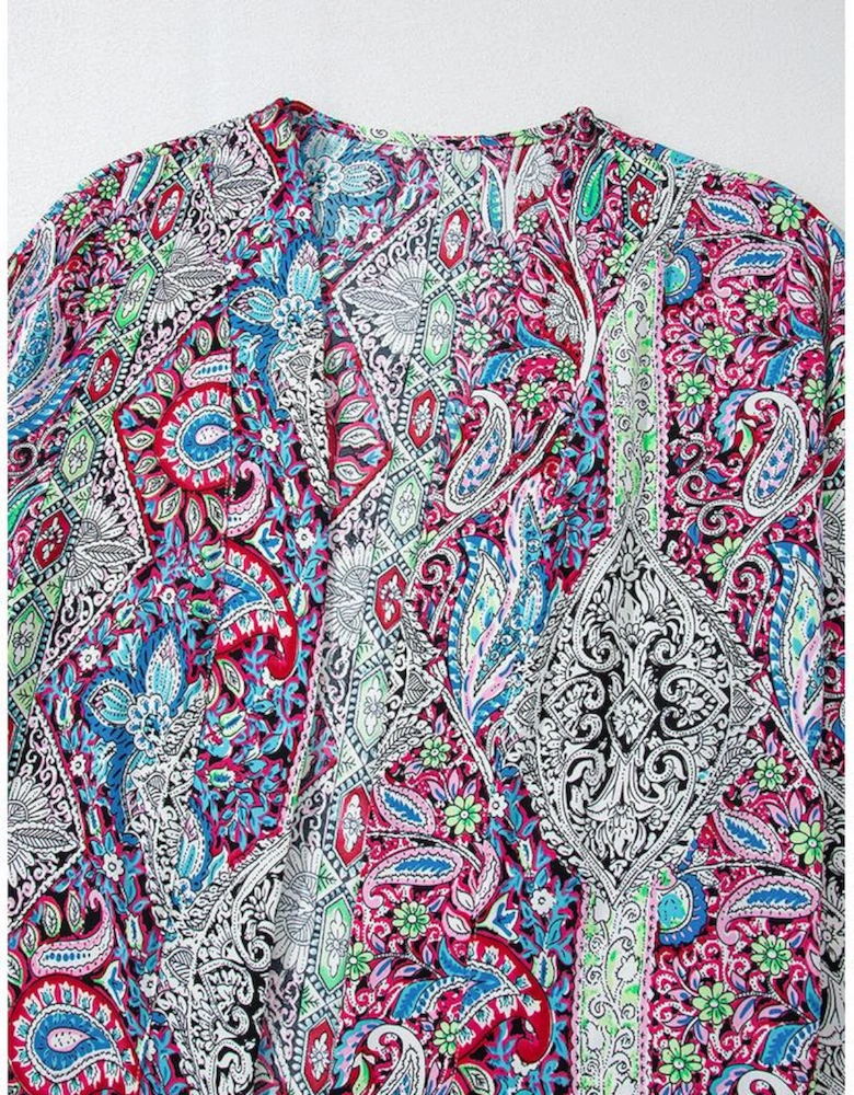Red Paisley Print Open Front Kimono