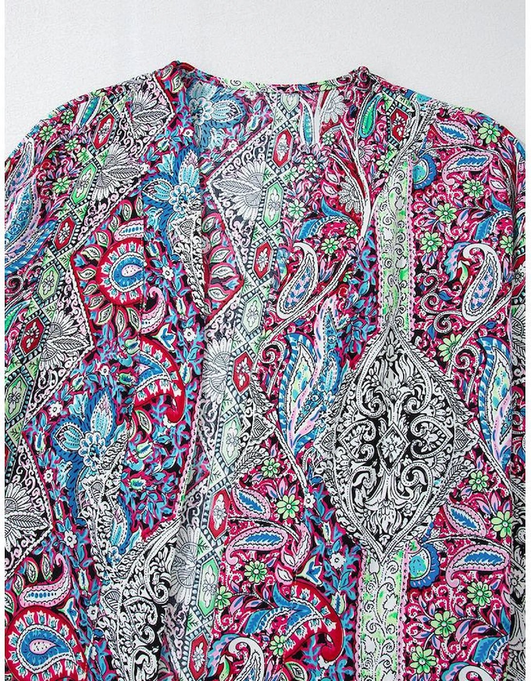 Red Paisley Print Open Front Kimono