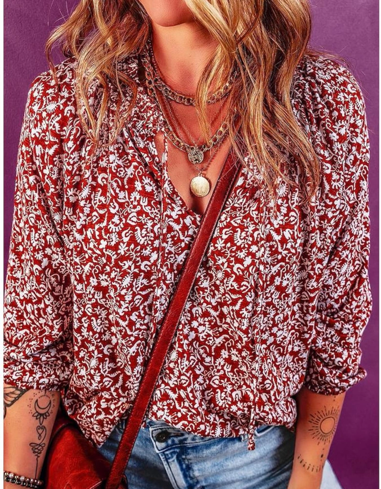Biking Red Floral Print Smocked Tie Neck Blouse