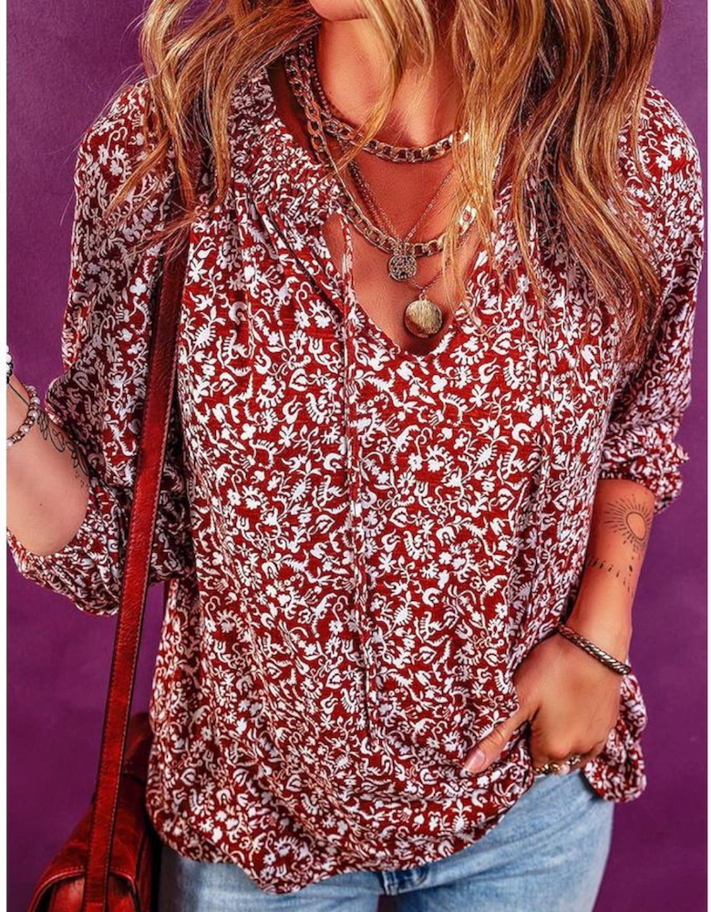 Biking Red Floral Print Smocked Tie Neck Blouse