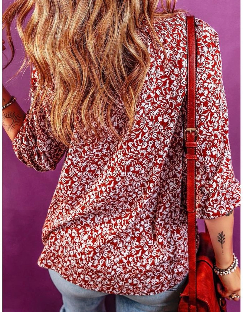 Biking Red Floral Print Smocked Tie Neck Blouse