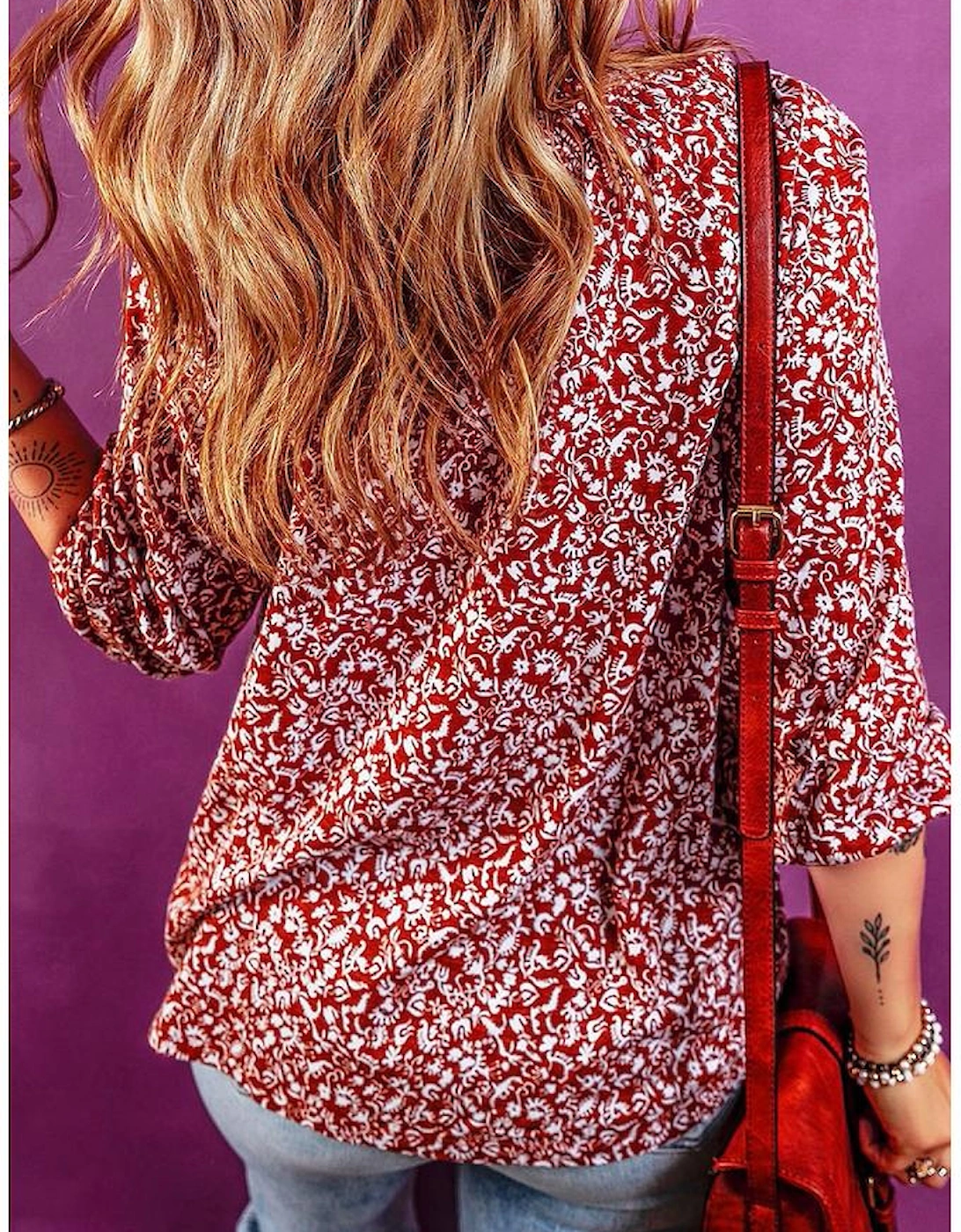 Biking Red Floral Print Smocked Tie Neck Blouse