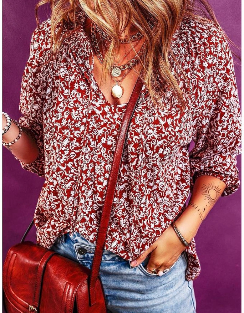 Biking Red Floral Print Smocked Tie Neck Blouse