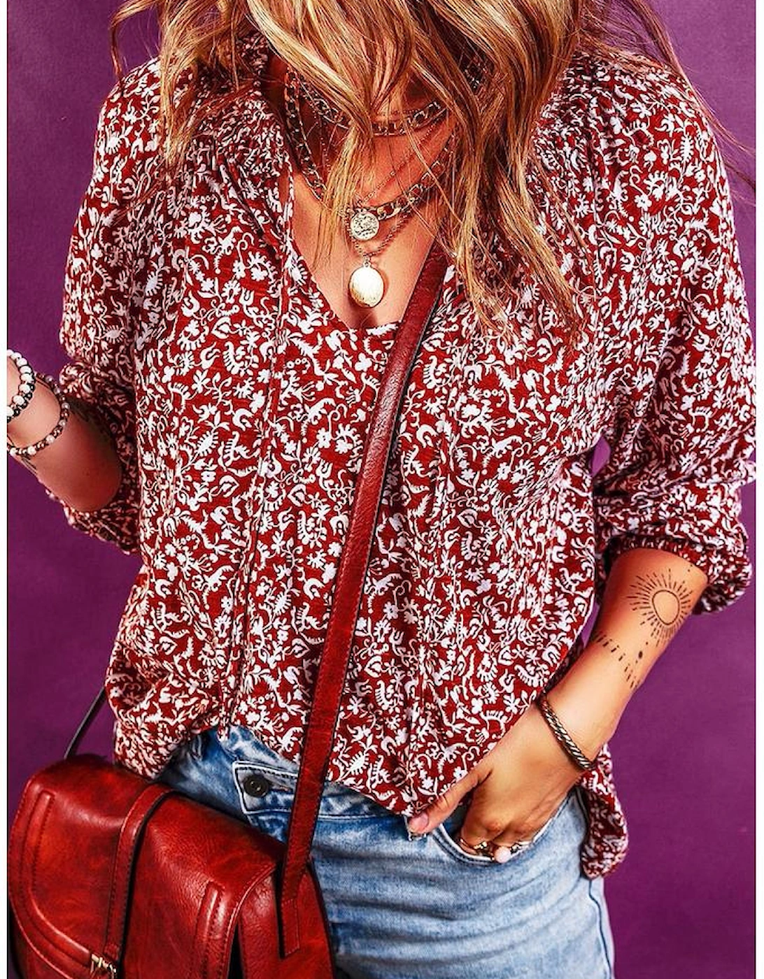 Biking Red Floral Print Smocked Tie Neck Blouse