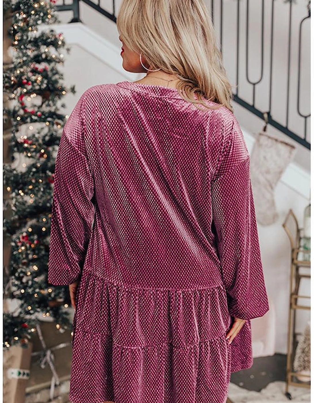 Meadow Mauve Plus Size Textured Velvet Tiered Buttons Tiered Dress