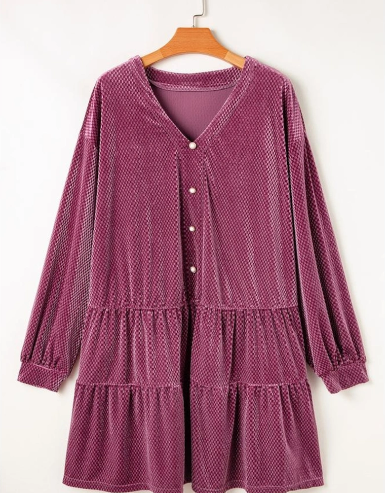 Meadow Mauve Plus Size Textured Velvet Tiered Buttons Tiered Dress