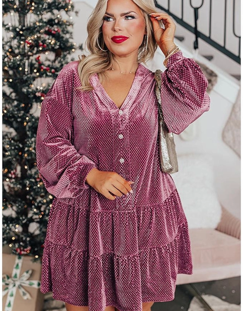 Meadow Mauve Plus Size Textured Velvet Tiered Buttons Tiered Dress