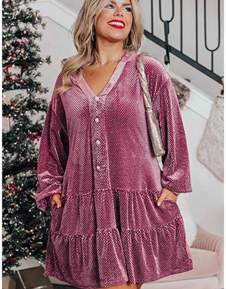 Meadow Mauve Plus Size Textured Velvet Tiered Buttons Tiered Dress