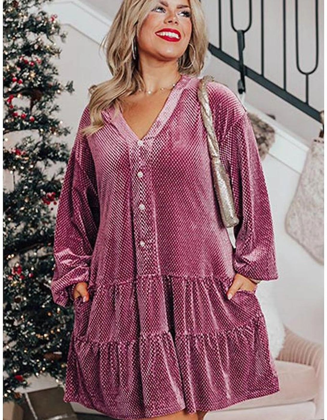 Meadow Mauve Plus Size Textured Velvet Tiered Buttons Tiered Dress