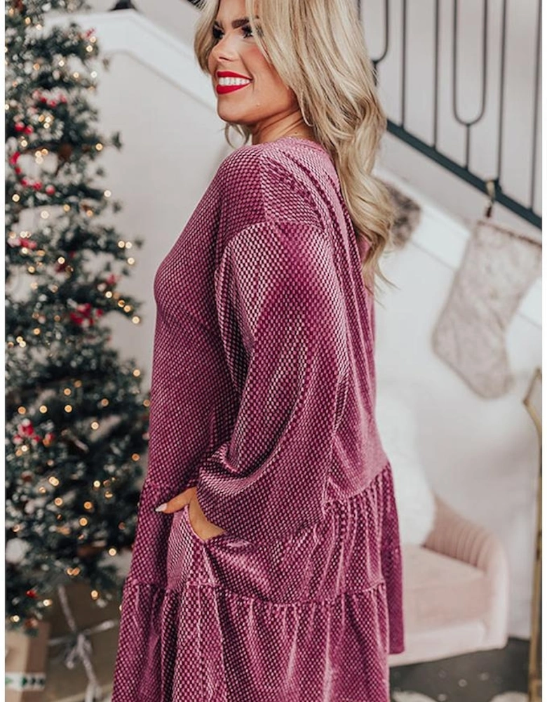 Meadow Mauve Plus Size Textured Velvet Tiered Buttons Tiered Dress