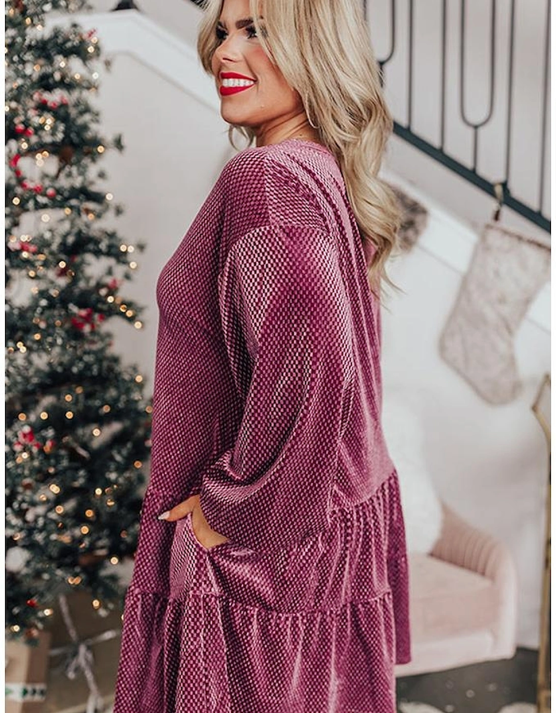 Meadow Mauve Plus Size Textured Velvet Tiered Buttons Tiered Dress