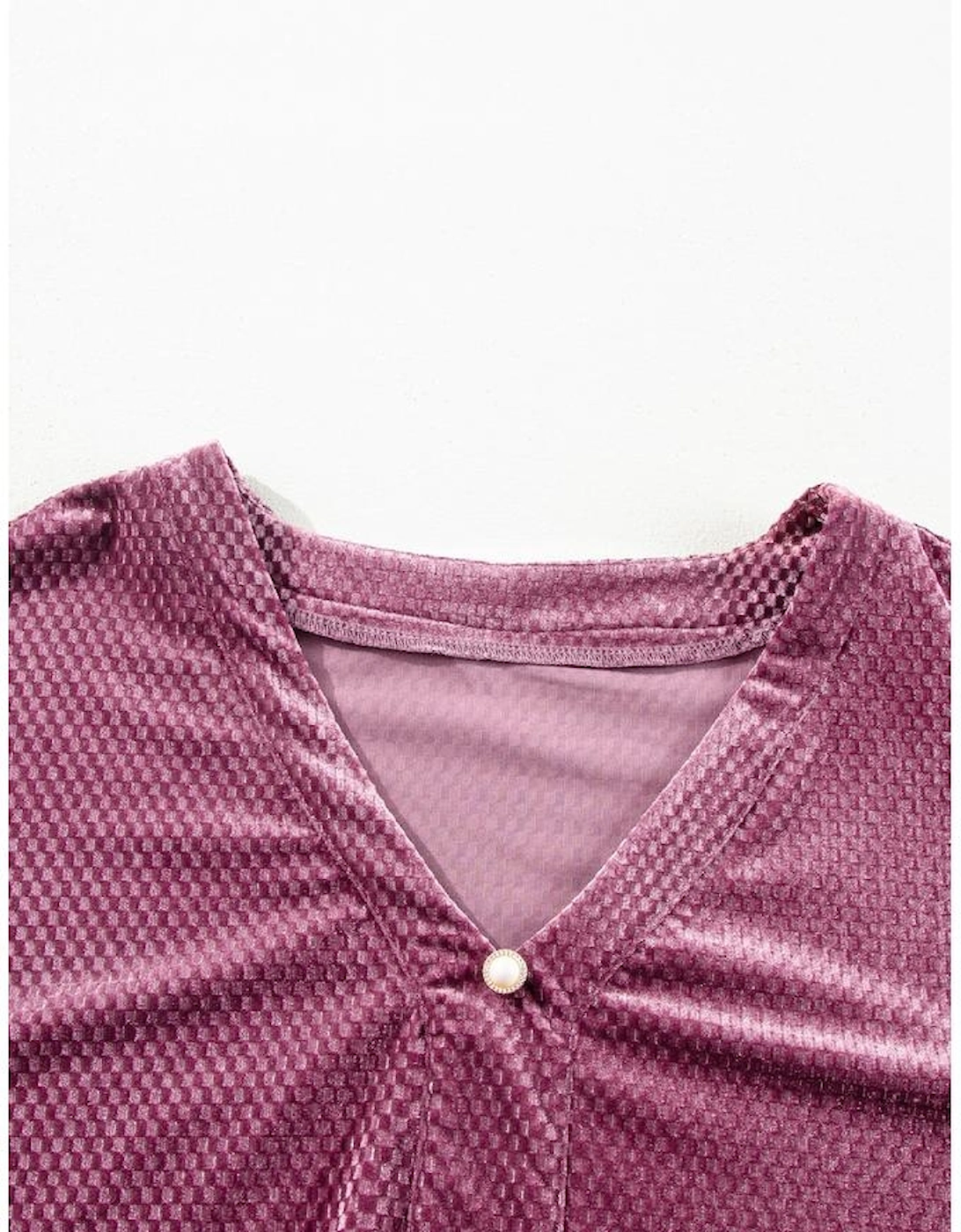 Meadow Mauve Plus Size Textured Velvet Tiered Buttons Tiered Dress