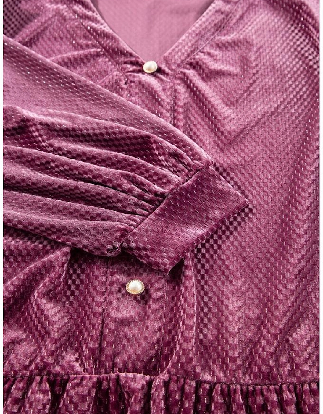 Meadow Mauve Plus Size Textured Velvet Tiered Buttons Tiered Dress