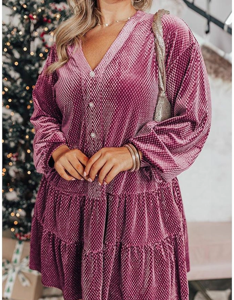 Meadow Mauve Plus Size Textured Velvet Tiered Buttons Tiered Dress