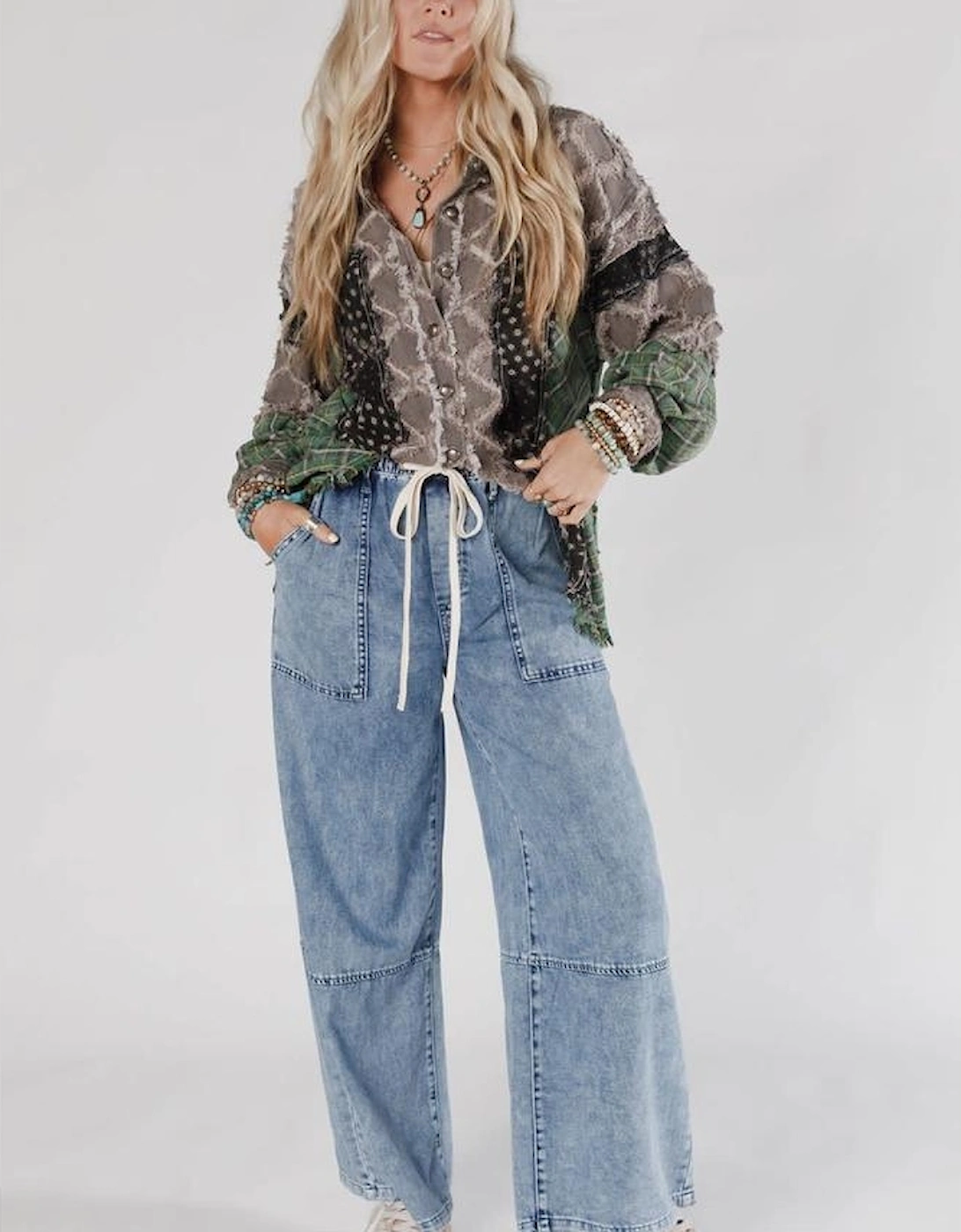 Ashleigh Blue Acid Wash Exposed Seam Drawstring High Waist Jeans